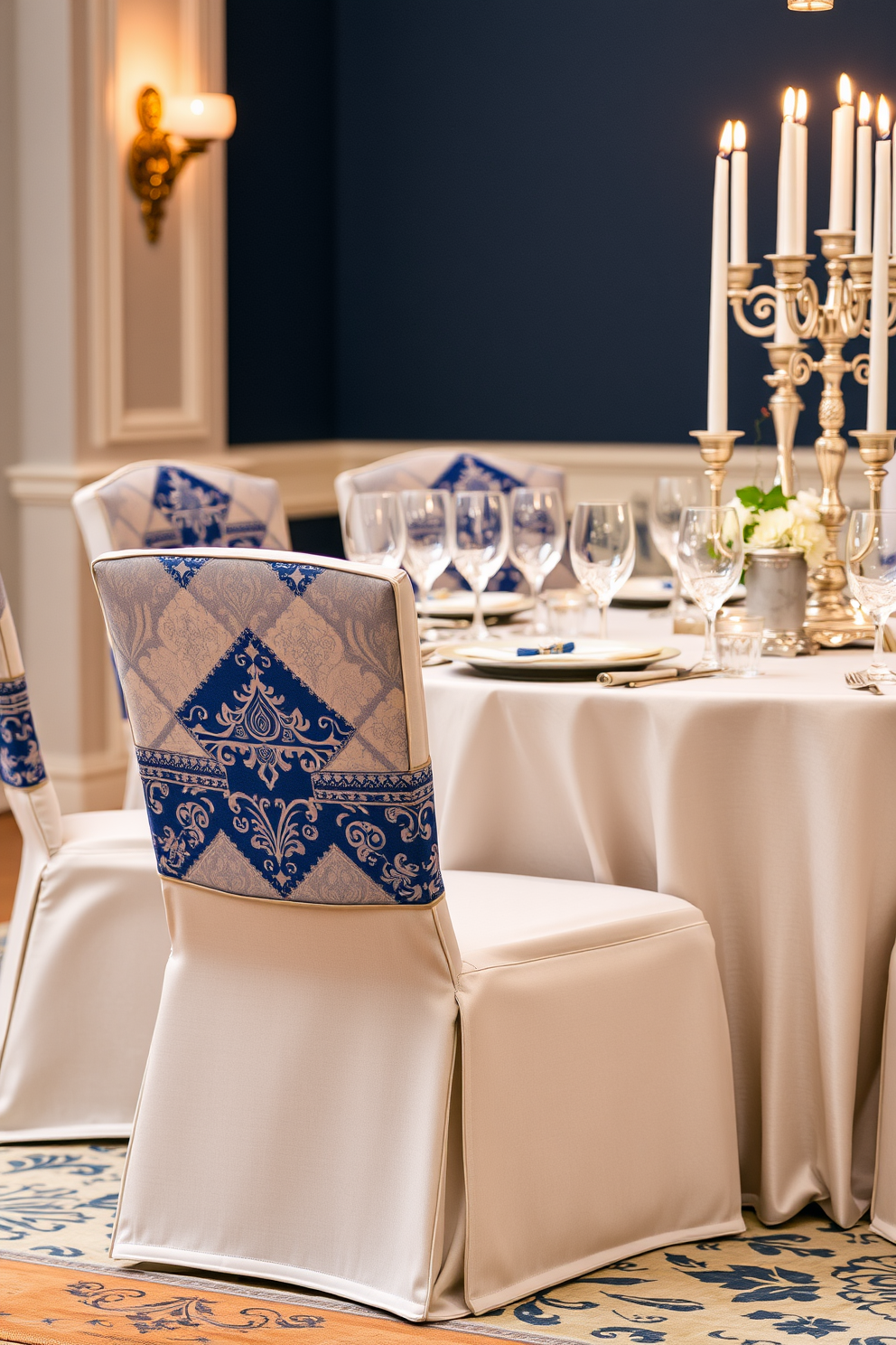 Sophisticated dining chairs are adorned with festive covers that feature intricate patterns in shades of blue and silver. The setting is enhanced by a beautifully set table with elegant dinnerware and twinkling candlelight, creating a warm and inviting atmosphere for Hanukkah celebrations.