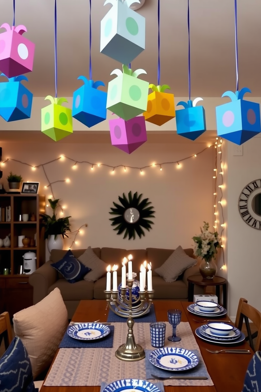 A cozy apartment decorated for Hanukkah features colorful DIY paper dreidels hanging from the ceiling. The walls are adorned with string lights, and a festive table is set with traditional menorah and blue and white tableware.