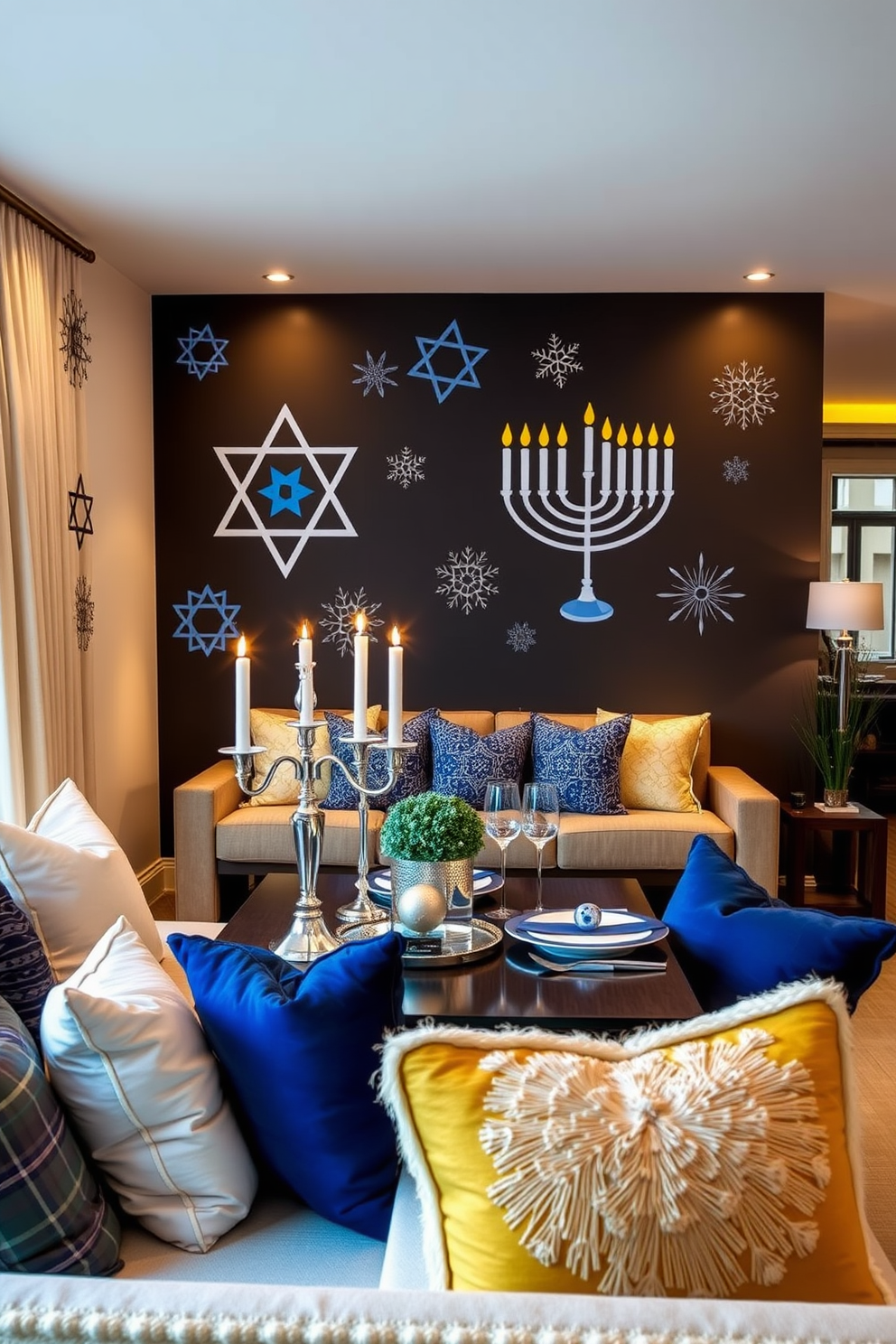 Artistic wall decals featuring Hanukkah motifs adorn the living room walls, showcasing vibrant colors and intricate designs that celebrate the festival of lights. The space is filled with warm lighting, creating a cozy atmosphere perfect for family gatherings and festive celebrations. Apartment Hanukkah decorating ideas include a beautifully set dining table with blue and silver accents, complemented by elegant menorahs and decorative dreidels. Soft textiles and plush cushions in festive colors enhance the comfort and warmth of the apartment, inviting guests to enjoy the holiday spirit.