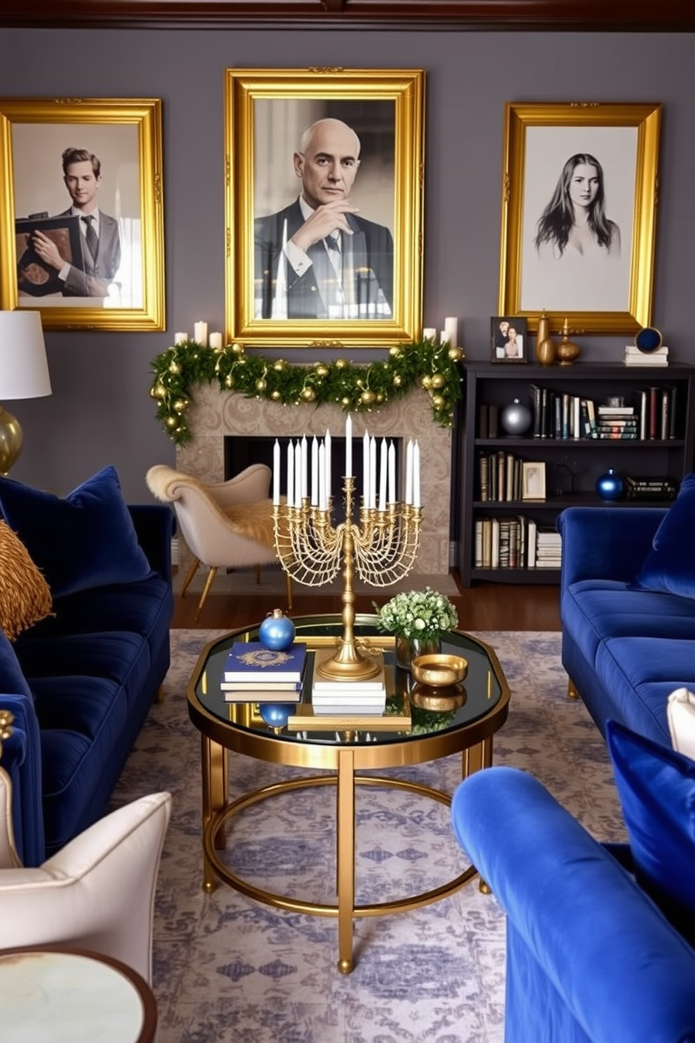 Create a festive Hanukkah garland adorned with colorful dreidels and twinkling lights. The garland should be draped elegantly across a modern apartment living space, enhancing the holiday spirit.