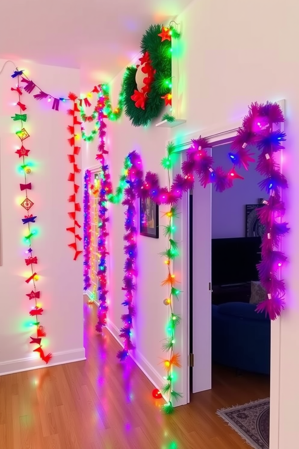 A cozy living room adorned with decorative candles in colorful holders. The warm glow from the candles creates a festive atmosphere, enhancing the holiday spirit of the space. The holders feature a mix of vibrant hues, including blue, gold, and silver, reflecting the traditional colors of Hanukkah. Plush cushions and a soft throw blanket on the sofa complement the overall festive decor.