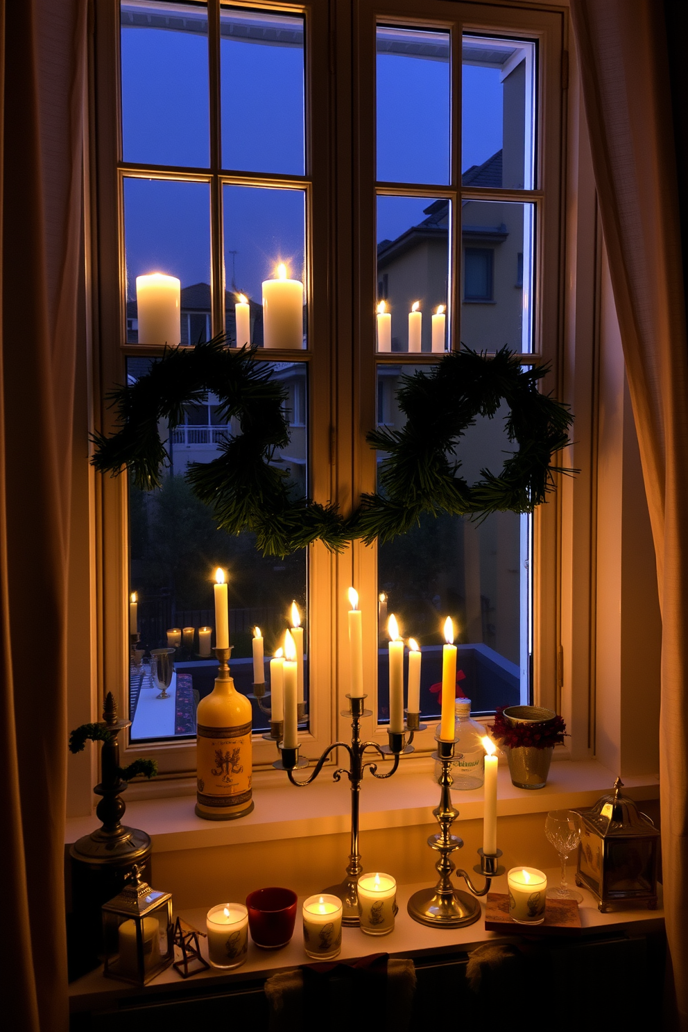 A cozy apartment setting adorned for Hanukkah. The window displays are elegantly arranged with candles casting a warm glow, surrounded by festive decorations and traditional symbols.