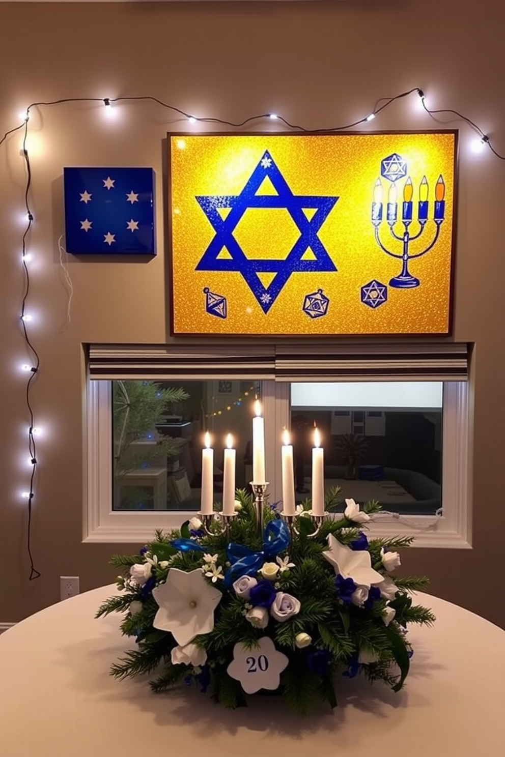 Creative wall art featuring Hanukkah symbols. The artwork includes a large Star of David in vibrant blue and gold, surrounded by menorahs and dreidels in a festive arrangement. Apartment Hanukkah decorating ideas. String lights in blue and white adorn the windows, while a beautifully arranged table centerpiece showcases a menorah surrounded by seasonal greenery.