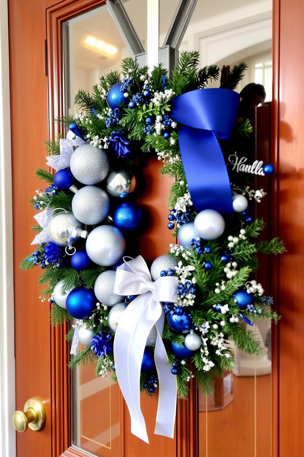 A stylish wreath adorned with blue and silver tones hangs elegantly on the front door. The wreath features a mix of shimmering ornaments, delicate ribbons, and seasonal greenery, creating a festive and inviting entrance for Hanukkah celebrations in the apartment.