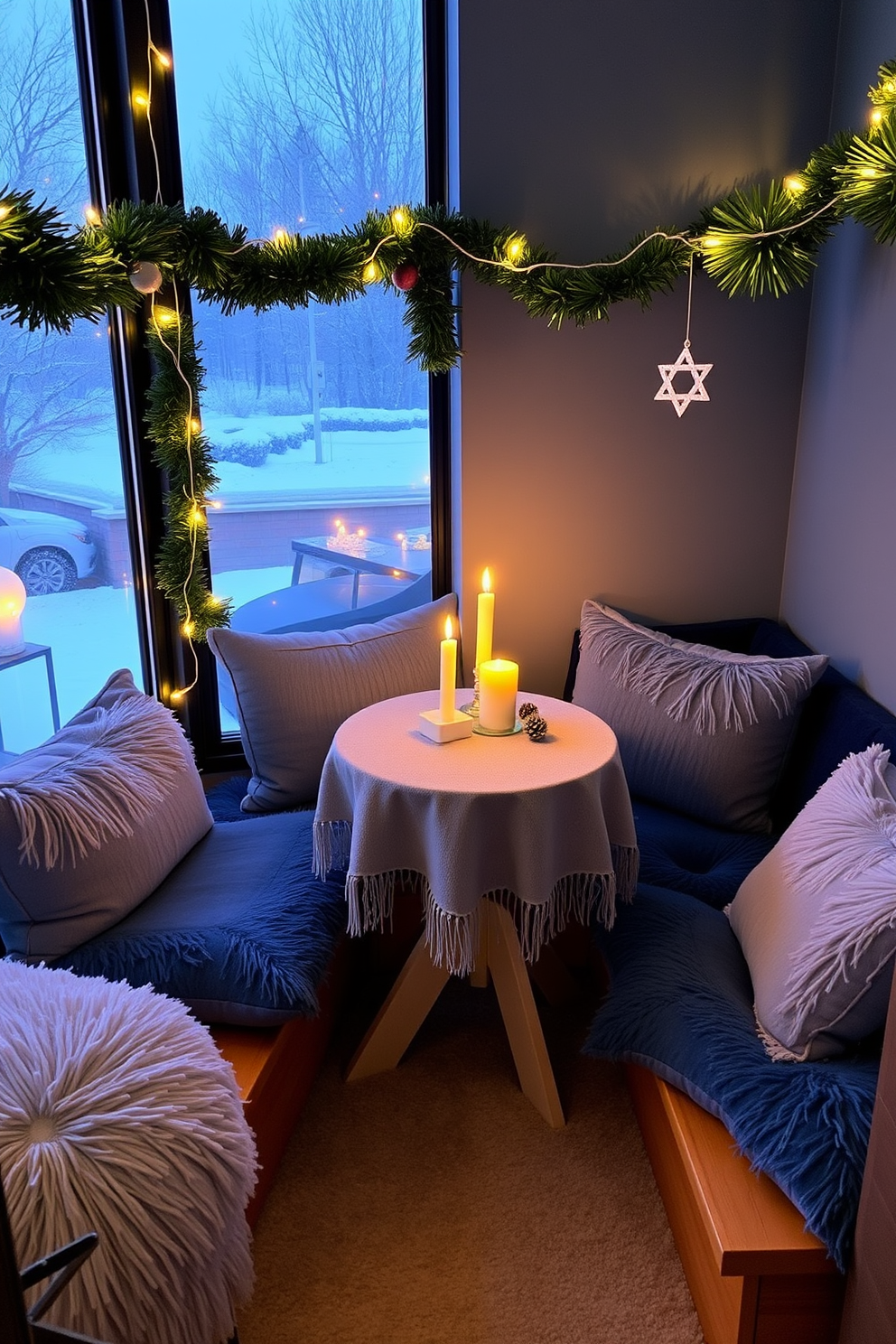 Cozy corner with plush blue cushions. A small round table sits in the center, adorned with a festive tablecloth and lit candles for a warm ambiance. Decorated with string lights and Star of David ornaments, the space exudes a cheerful holiday spirit. A nearby window showcases a view of softly falling snow, enhancing the cozy atmosphere.