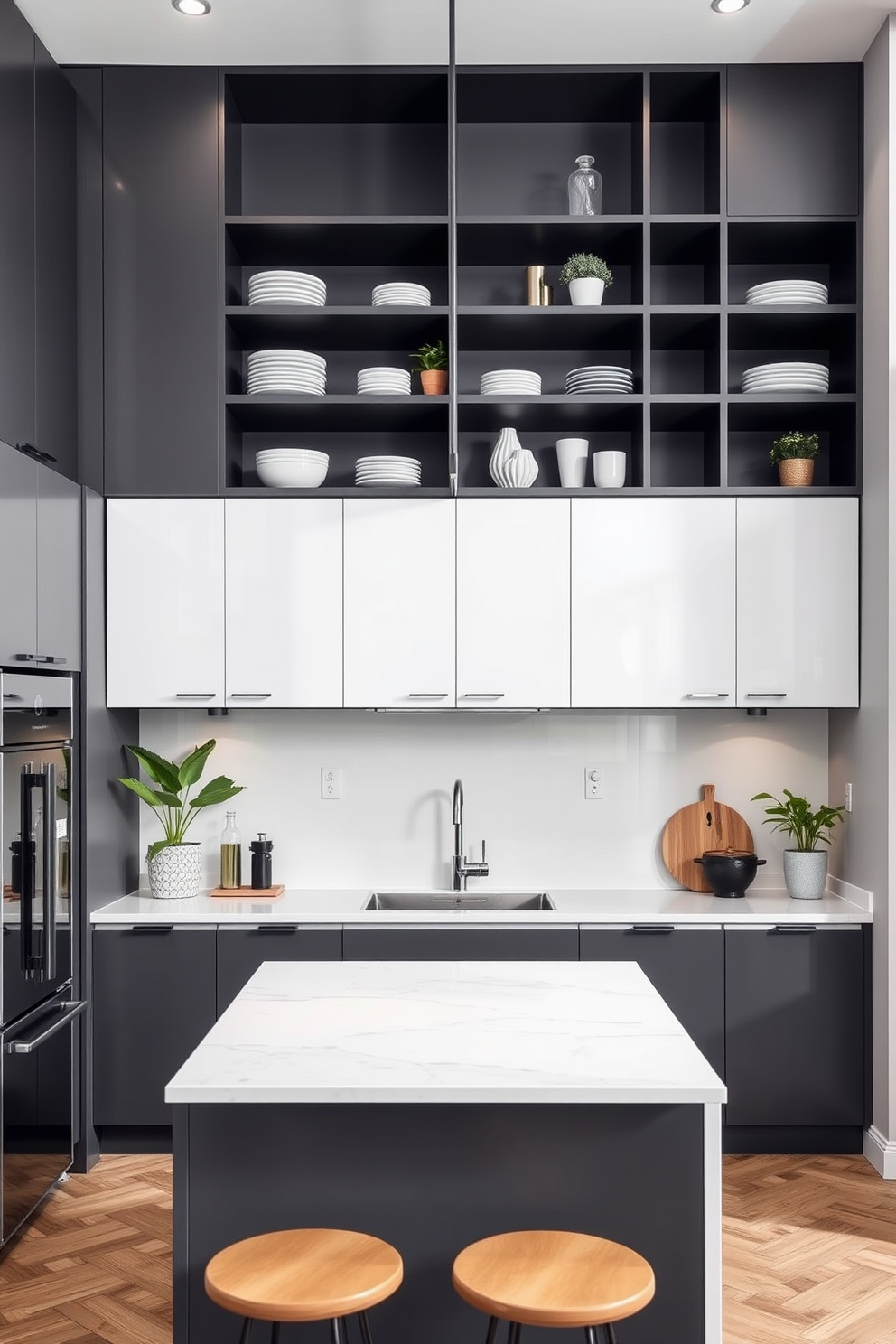 A modern apartment kitchen featuring sleek cabinetry that extends to the ceiling for maximum vertical storage. Open shelves display stylish dishware and plants, while a central island provides additional workspace and seating.