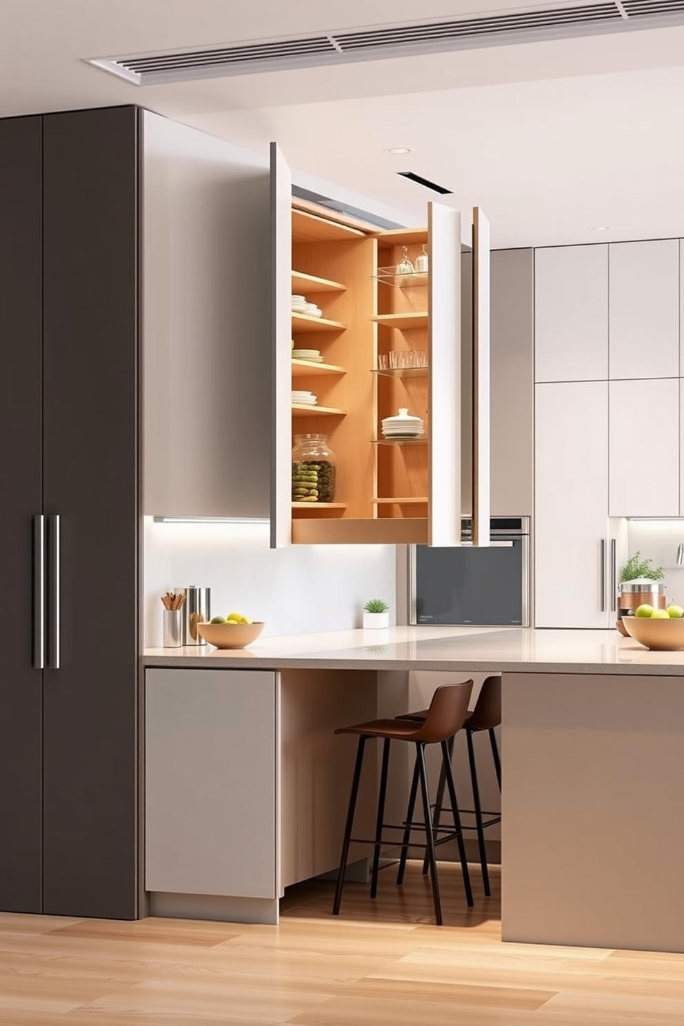 A modern apartment kitchen featuring a pull-out pantry designed for maximum efficiency. The cabinetry is sleek and minimalist, with a neutral color palette that includes soft whites and warm greys. Stainless steel appliances are seamlessly integrated into the design, providing a contemporary feel. A large island with bar seating serves as both a cooking space and a casual dining area.