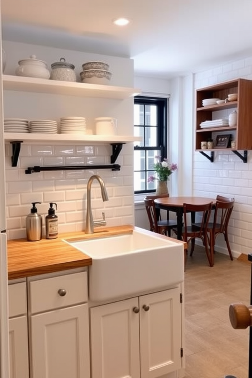 A modern apartment kitchen featuring a foldable table that seamlessly integrates into the design for flexibility. The kitchen has sleek cabinetry in a light wood finish, paired with stainless steel appliances and a minimalist backsplash.