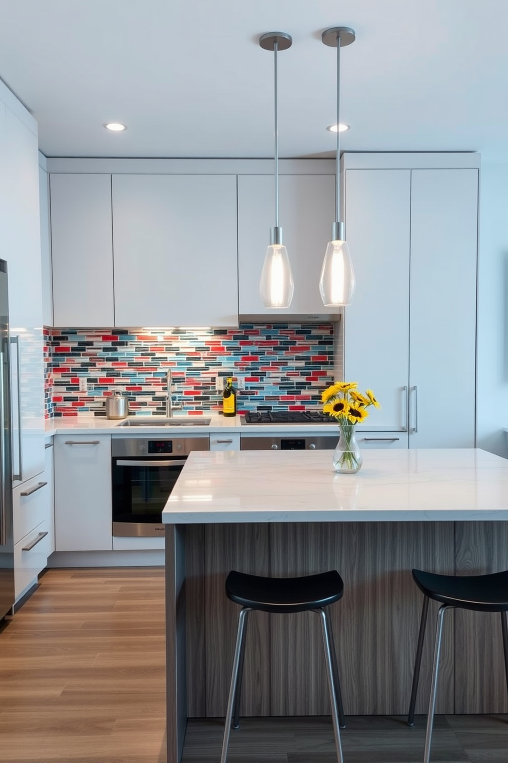 A modern apartment kitchen featuring vibrant backsplash tiles that add a splash of color and personality to the space. The cabinetry is sleek and minimalistic, with stainless steel appliances seamlessly integrated into the design. A large island in the center serves as both a workspace and a casual dining area, topped with a beautiful quartz surface. Pendant lights hang above the island, casting a warm glow that enhances the inviting atmosphere.