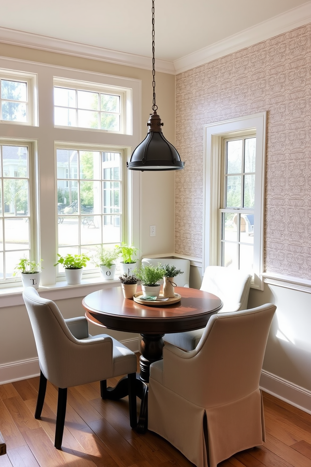 A cozy breakfast nook area features a round wooden table surrounded by upholstered chairs in soft pastel colors. Large windows allow natural light to flood the space, while potted herbs sit on the windowsill, adding a touch of greenery. The walls are painted in a warm cream tone, complemented by a subtle patterned wallpaper on one accent wall. A pendant light with a rustic finish hangs above the table, creating an inviting atmosphere for morning meals.