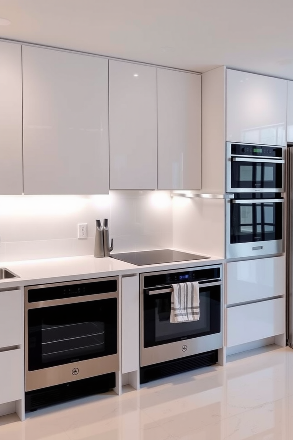 A modern apartment kitchen featuring a chalkboard wall for notes and reminders. The cabinetry is sleek and minimalist with a combination of white and natural wood finishes. An island with bar seating provides a casual dining area, adorned with stylish pendant lights overhead. The countertops are made of durable quartz, complementing the stainless steel appliances seamlessly.