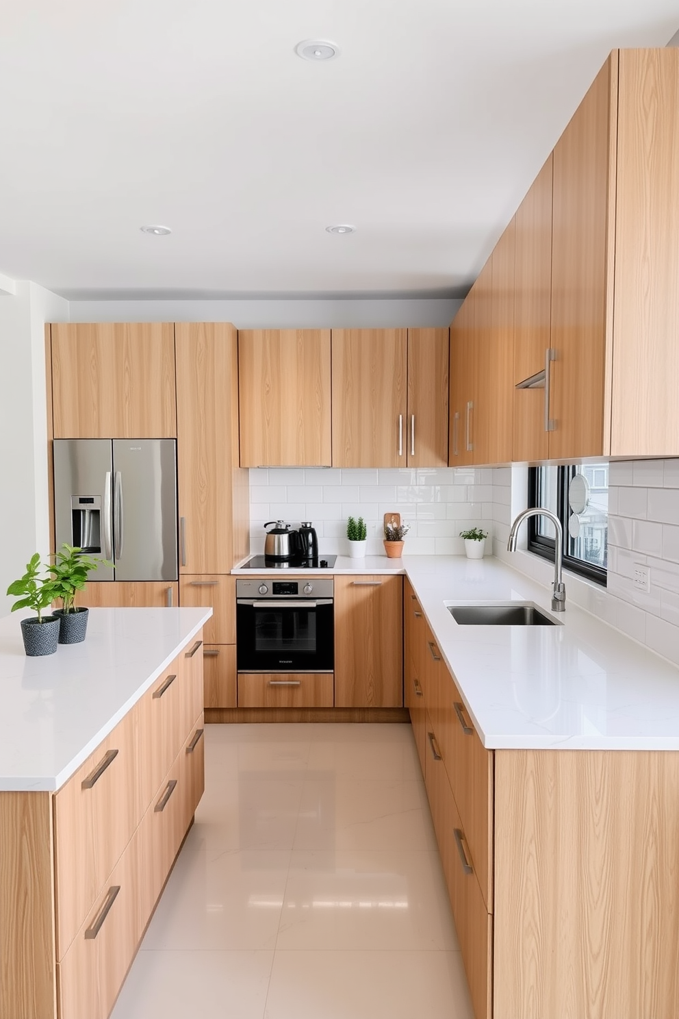 A modern apartment kitchen featuring sleek cabinetry in a light wood finish. The countertops are made of white quartz with subtle gray veining, and a large island with bar seating is positioned in the center. The backsplash consists of glossy subway tiles in a soft pastel color. Potted herbs and small plants are arranged on the windowsill, bringing a touch of greenery to the space.