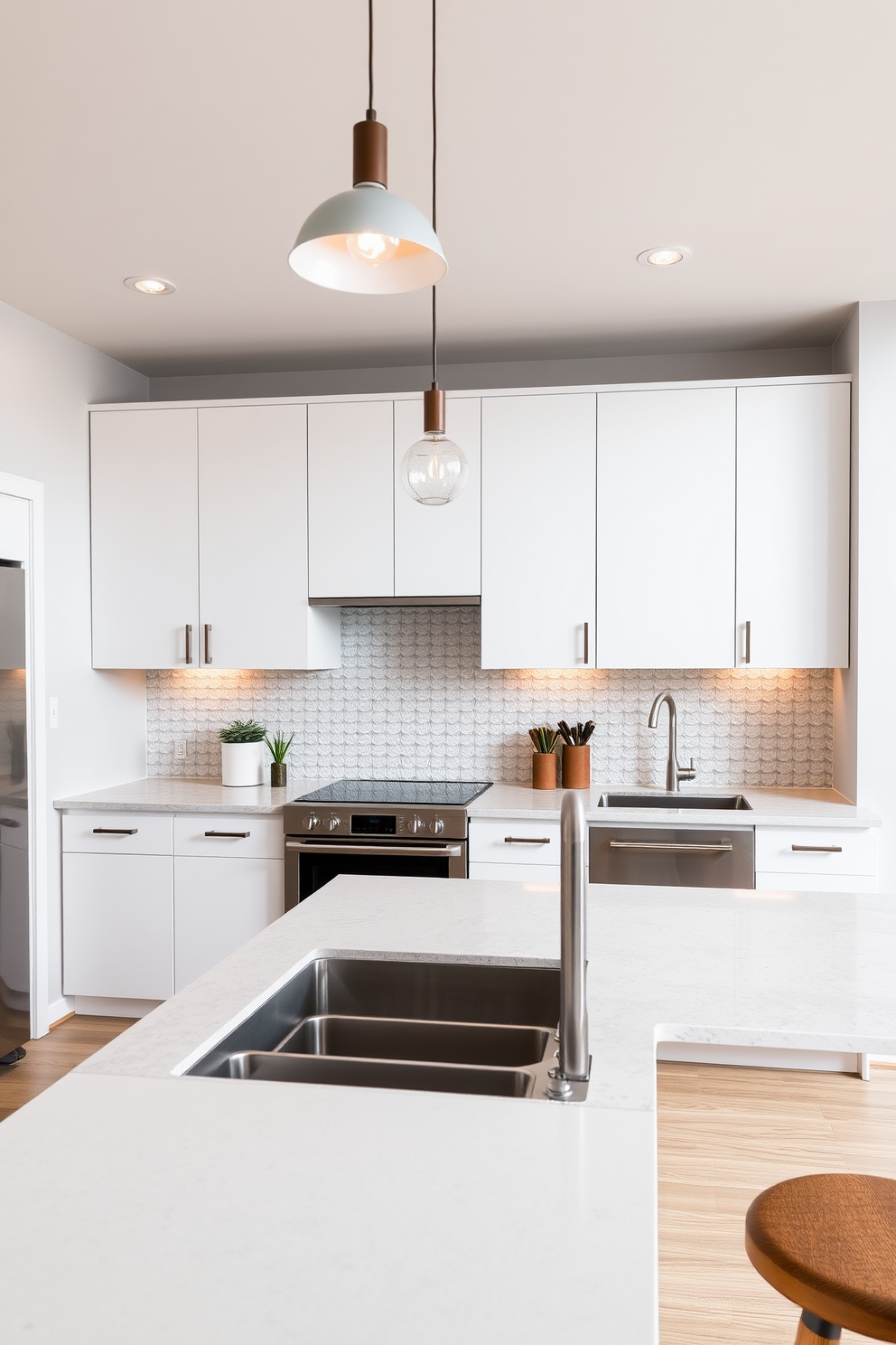 A modern apartment kitchen featuring sleek cabinetry in a soft gray tone with brushed nickel handles. A large island with a white quartz countertop serves as a focal point, surrounded by high-backed stools in a warm wood finish. Lush green plants are placed on the windowsill and hanging from the ceiling, adding a touch of nature to the space. The backsplash is a mosaic of light blue tiles that complement the overall color scheme while providing a vibrant contrast.