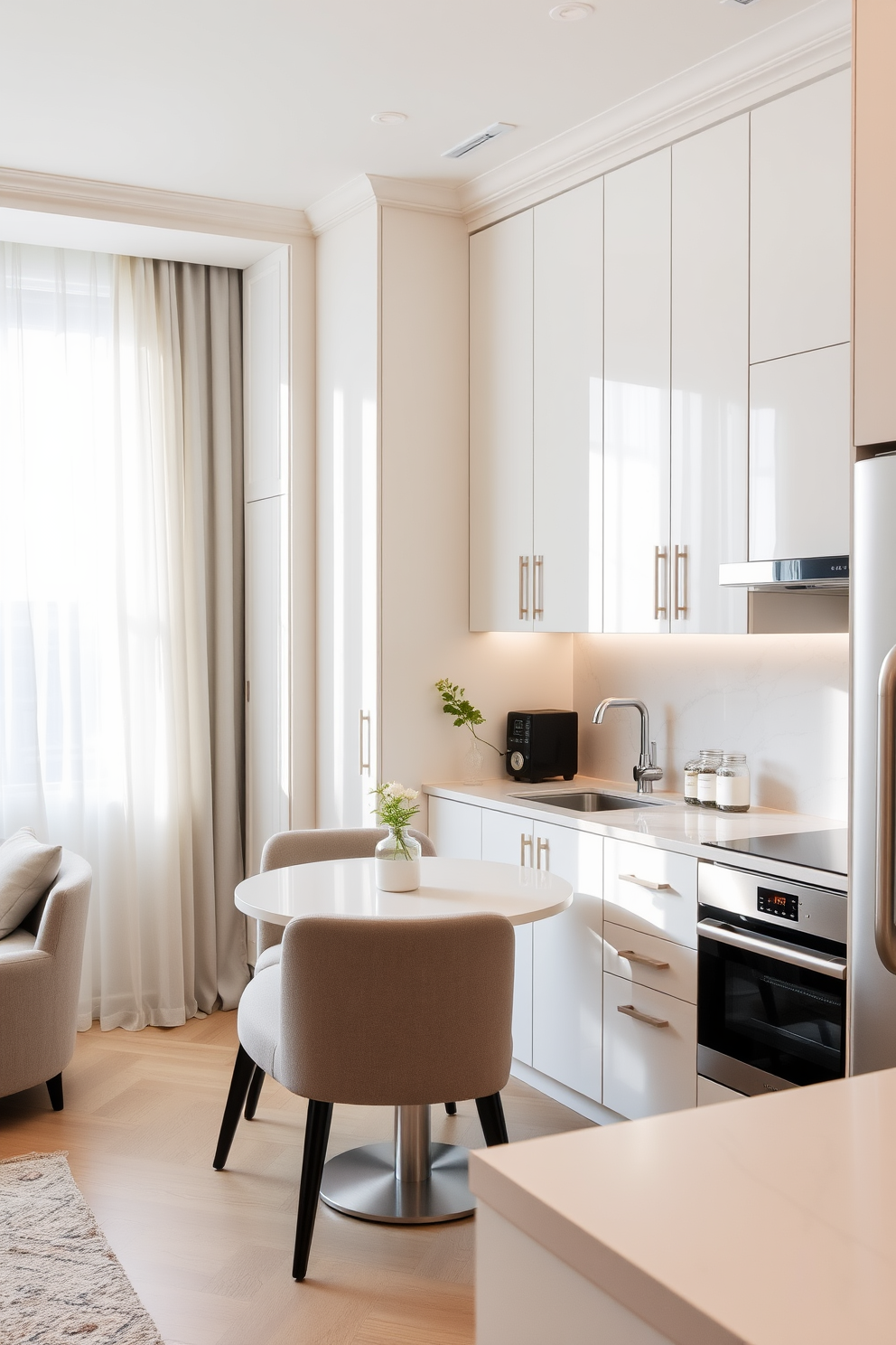 A modern apartment kitchen featuring sleek corner cabinets that provide hidden storage solutions. The cabinetry is finished in a soft white, complemented by a stylish marble backsplash and stainless steel appliances. A cozy dining nook is integrated into the kitchen with a round table and upholstered chairs. Natural light floods the space through a large window adorned with sheer curtains, enhancing the inviting atmosphere.