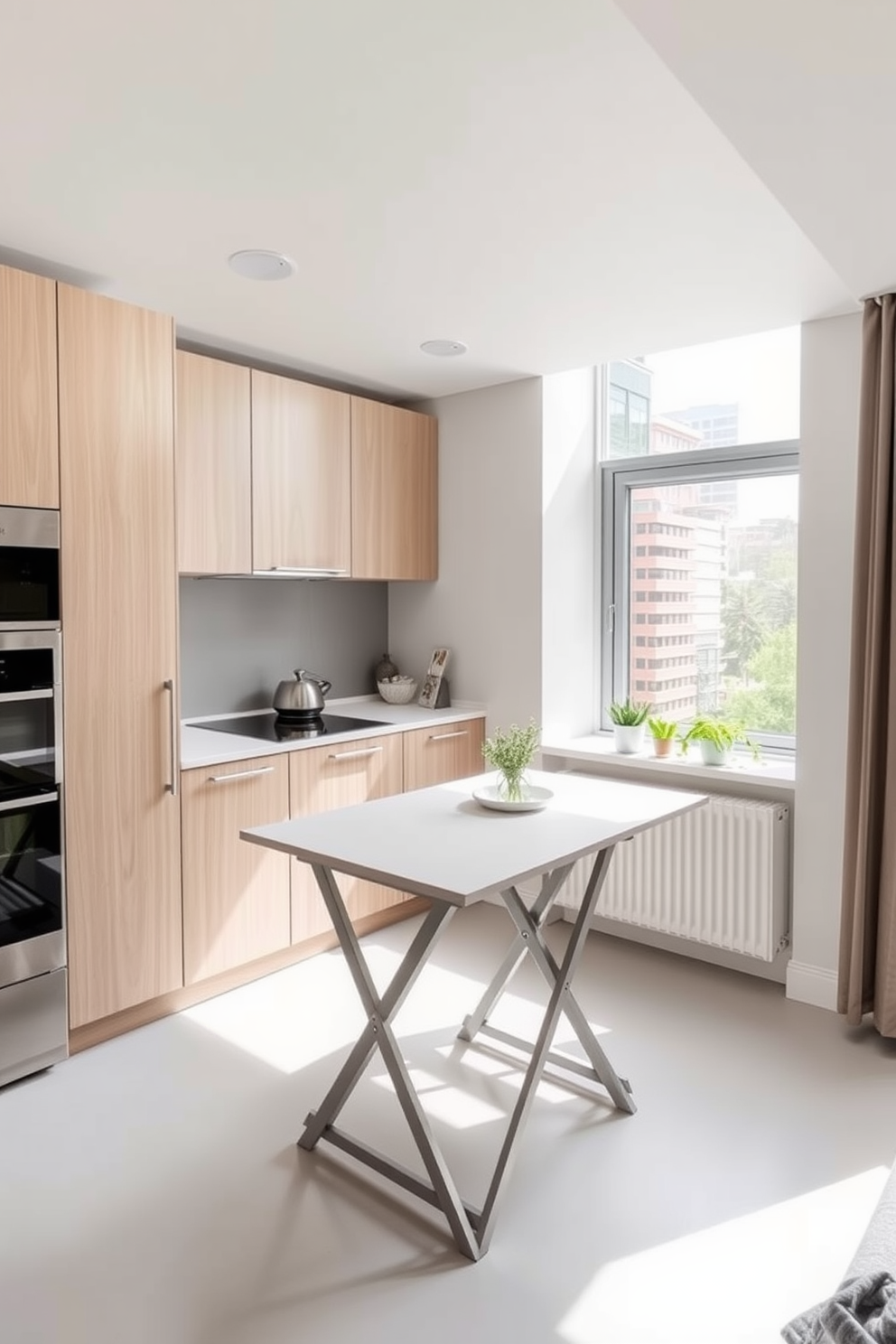 A modern apartment kitchen featuring a sleek foldable table that seamlessly integrates into the design for space-saving efficiency. The kitchen boasts minimalist cabinetry in a light wood finish, complemented by stainless steel appliances and a stylish backsplash in soft gray tones. Natural light floods the space through a large window, illuminating the open layout that encourages both functionality and comfort. A few potted herbs sit on the windowsill, adding a touch of greenery and freshness to the culinary environment.