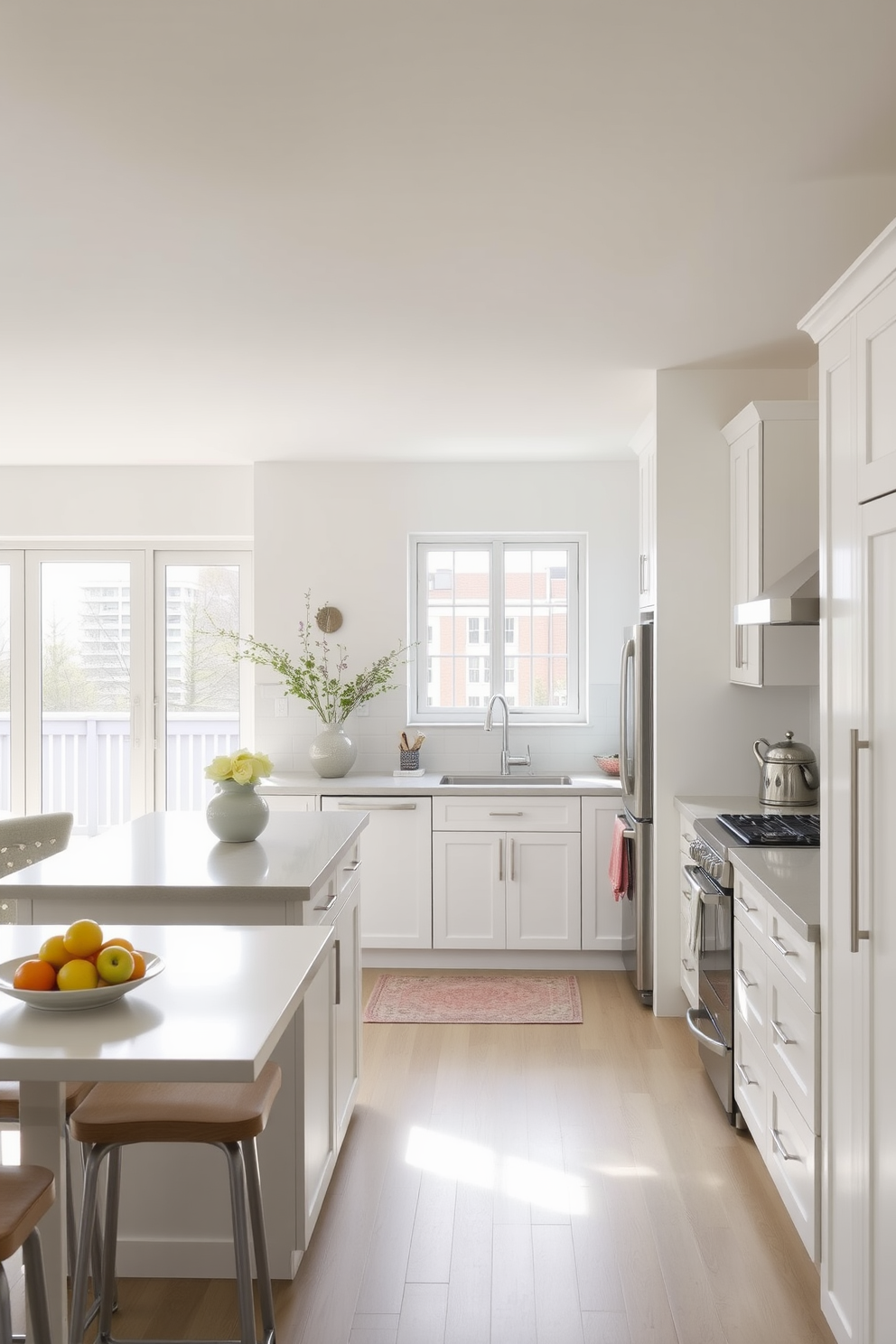 A bright and airy apartment kitchen featuring white cabinetry and light gray countertops. The open layout allows for natural light to flood in through large windows, enhancing the spacious feel. A central island with bar seating complements the design, adorned with fresh fruit and a stylish vase. Soft pastel accents in the decor add a touch of warmth and personality to the space.