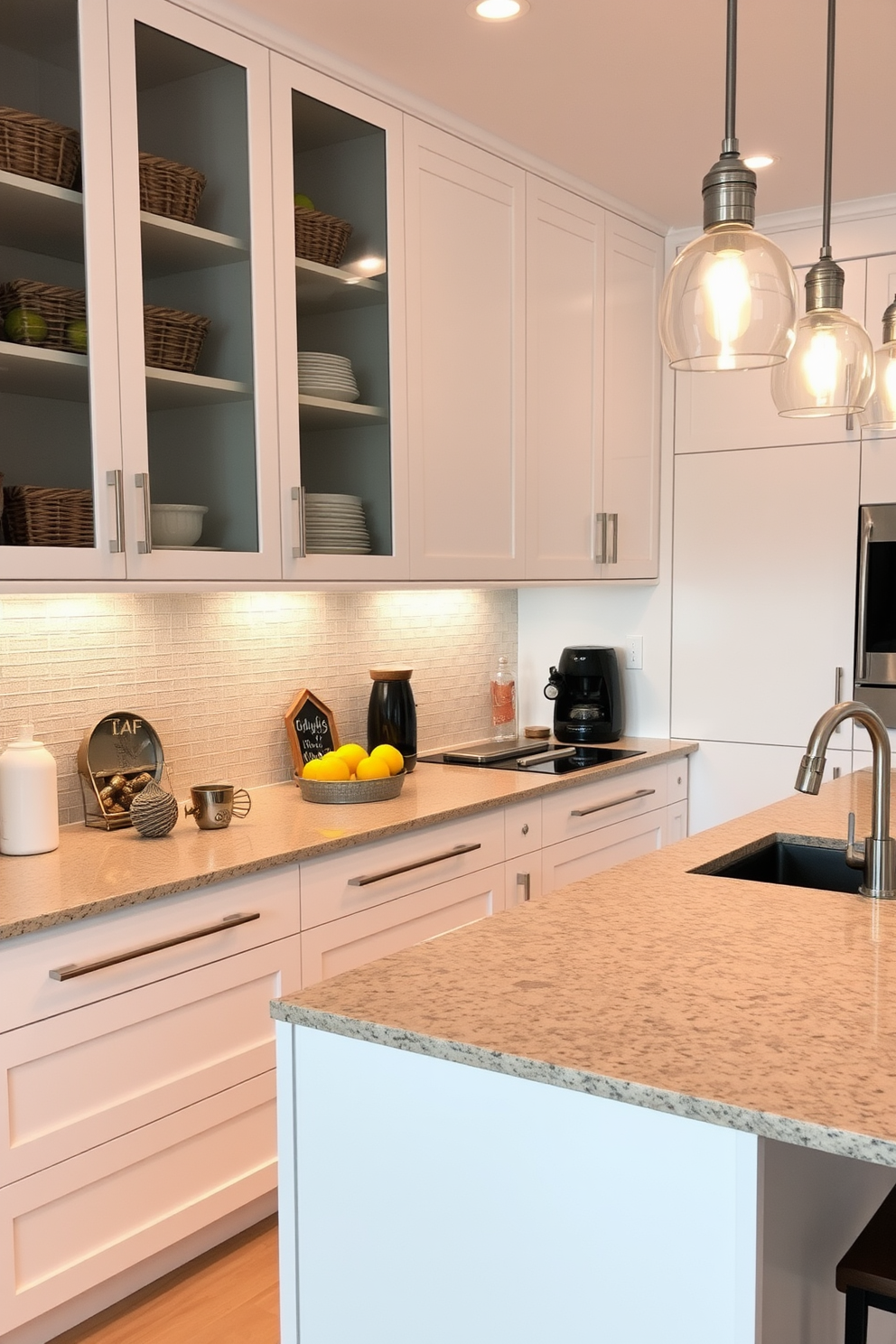 A modern apartment kitchen featuring sleek cabinetry with under-cabinet lighting that creates a warm ambiance. The kitchen island is topped with a quartz countertop and includes stylish bar stools for casual dining. The backsplash is a combination of glossy subway tiles and textured accents that add depth to the design. Stainless steel appliances blend seamlessly with the cabinetry, enhancing the kitchen's contemporary feel.