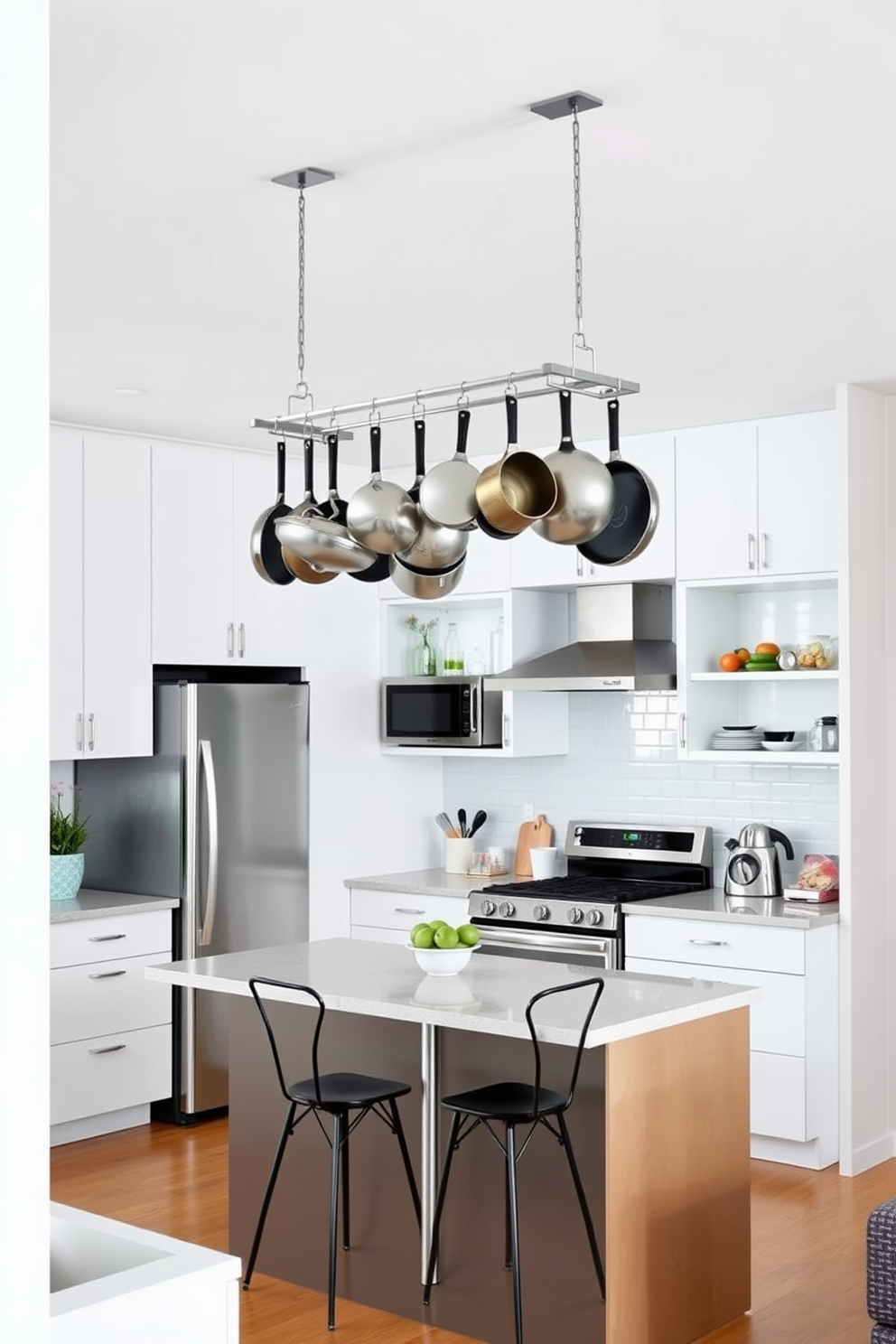 A modern apartment kitchen featuring a sleek pot rack suspended above a spacious island. The kitchen is adorned with stainless steel appliances and white cabinetry, creating a bright and airy atmosphere. The pot rack is filled with an array of hanging pots and pans, adding both functionality and style to the space. A cozy breakfast nook with a small table and chairs sits in one corner, inviting casual dining and conversation.