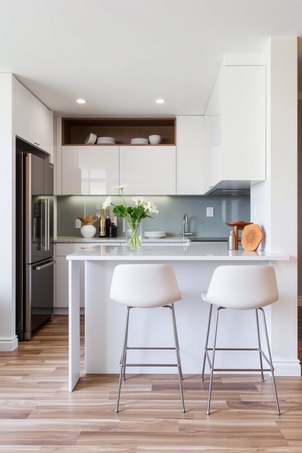 A charming apartment kitchen with a cozy window seat that invites natural light. The kitchen features sleek cabinetry in a soft white finish, paired with a marble backsplash and a large island with bar seating.