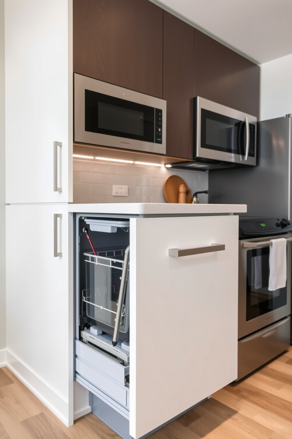 A modern apartment kitchen featuring a compact dishwasher seamlessly integrated into the cabinetry. Sleek white cabinets with brushed nickel handles complement the stainless steel appliances and a quartz countertop.