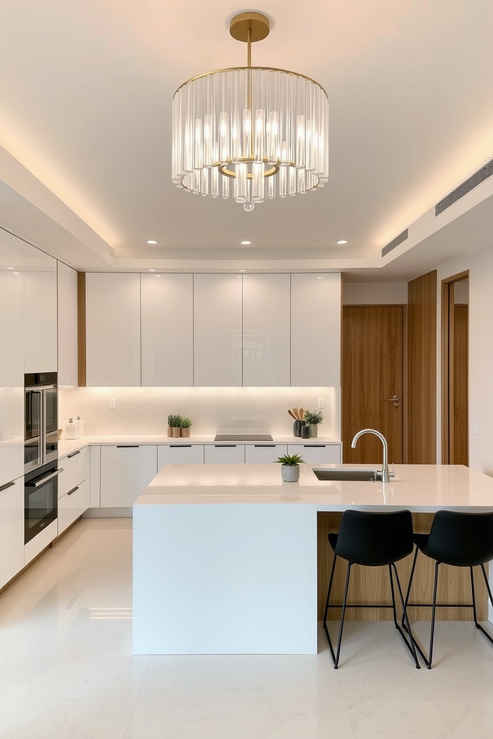 A modern apartment kitchen featuring a statement light fixture as the focal point. The cabinets are sleek and minimalist, with a combination of white and natural wood finishes. The countertops are made of polished quartz, providing a clean and elegant surface for meal preparation. A spacious island in the center offers additional seating and functionality, complemented by stylish bar stools.