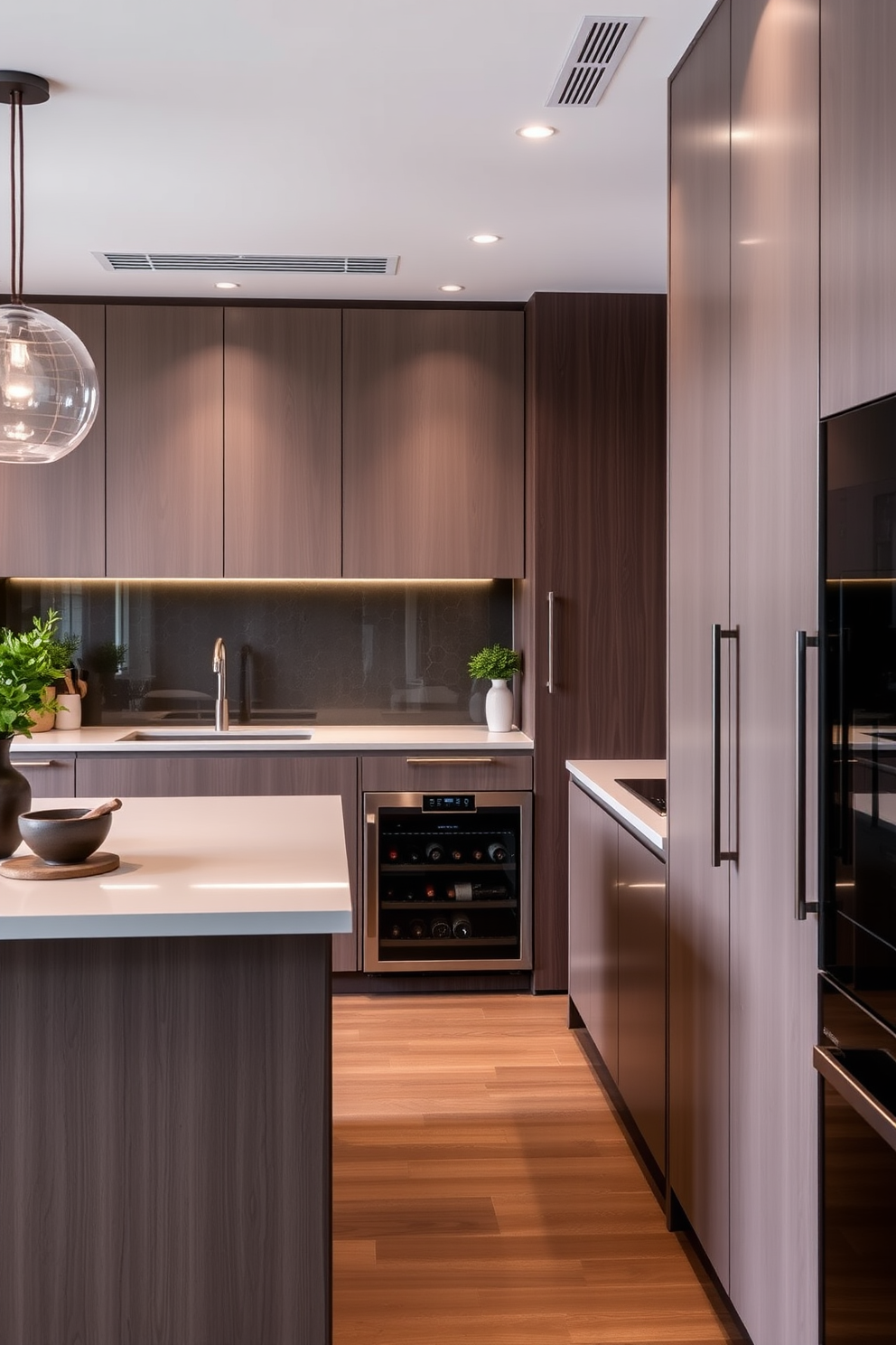 A stylish apartment kitchen designed for entertaining. The space features sleek cabinetry with a modern finish, a spacious island at the center, and a small wine fridge seamlessly integrated into the cabinetry for easy access.