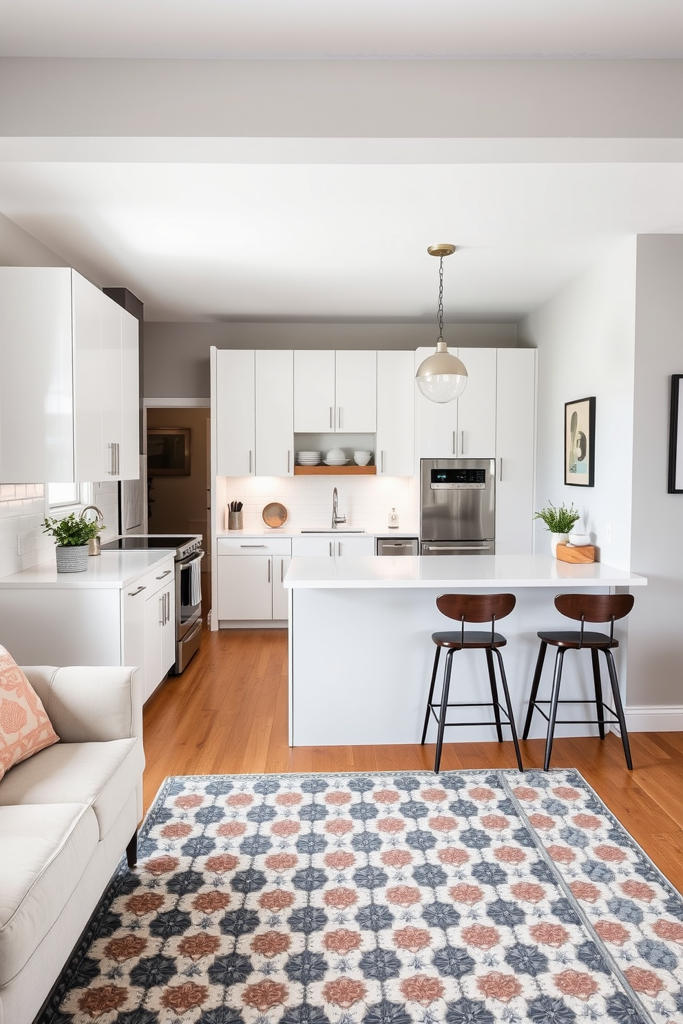 A cozy apartment kitchen featuring a patterned rug that adds warmth to the space. The kitchen showcases sleek cabinetry in a soft white finish and a large island with bar seating, complemented by stylish pendant lights overhead. The walls are painted in a light gray hue, creating a bright and airy atmosphere. Stainless steel appliances and open shelving display curated dishware, enhancing the modern aesthetic of the kitchen.