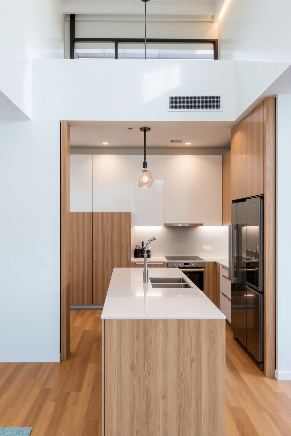 A modern apartment kitchen featuring a sleek sliding door that maximizes space efficiency. The cabinetry is a mix of white and natural wood, with a large island in the center topped with quartz, providing ample prep space. Stainless steel appliances are seamlessly integrated into the design, complementing the minimalist aesthetic. Pendant lights hang above the island, adding a warm glow to the open layout.