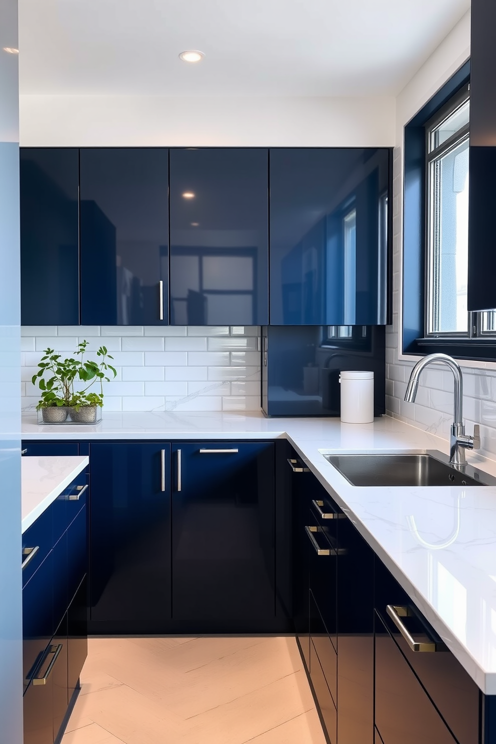 A modern apartment kitchen featuring sleek cabinetry in a rich navy blue color. The countertops are made of white quartz with subtle gray veining, creating a clean and elegant look. A small herb garden is placed on the windowsill, adding a touch of greenery and freshness to the space. The backsplash is a glossy subway tile in a soft white, reflecting light and enhancing the kitchen's brightness.