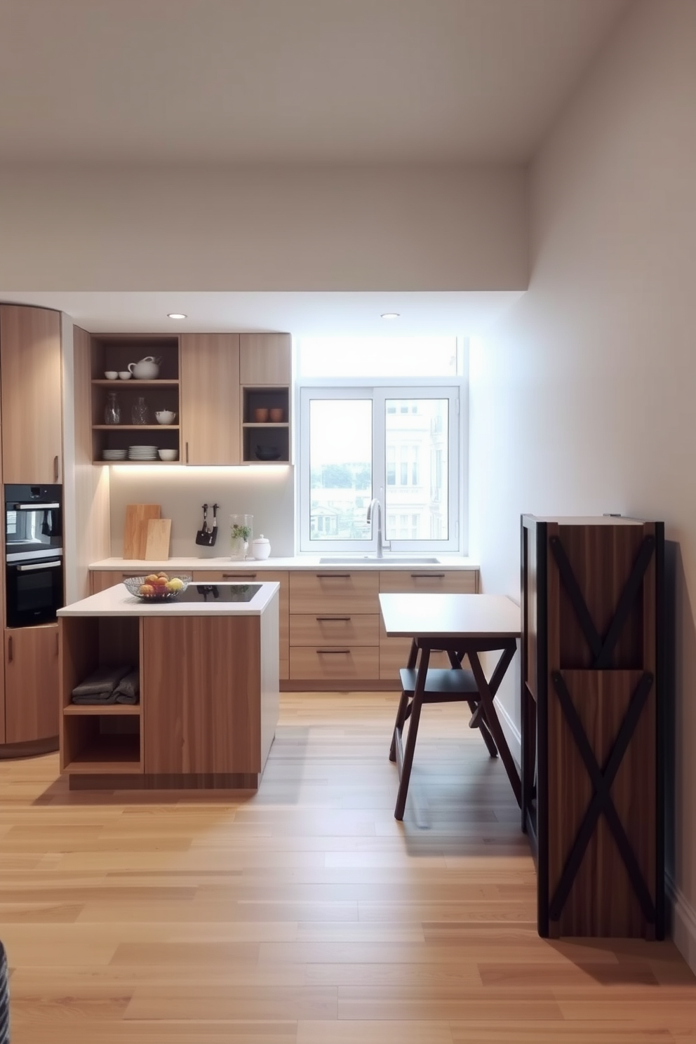 A modern apartment kitchen featuring multi-functional furniture pieces. An island with integrated seating serves as both a cooking space and a casual dining area. The cabinetry is sleek and minimalistic, utilizing a combination of open shelves and closed storage for optimal organization. A foldable dining table is positioned against the wall, allowing for flexibility in space usage when not in use.