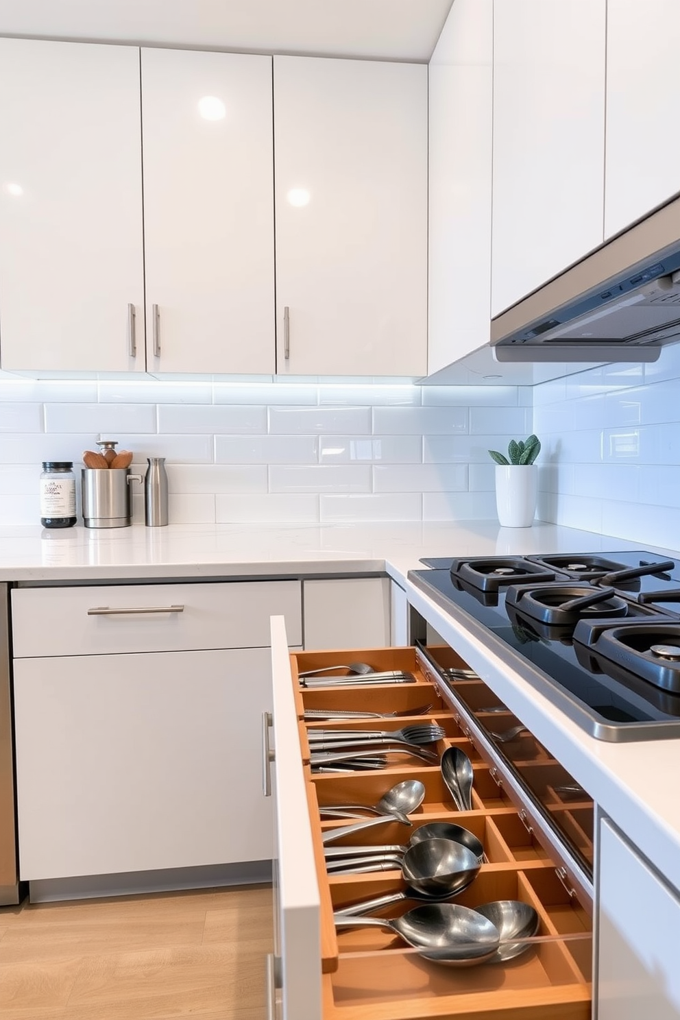 A modern apartment kitchen featuring sleek cabinetry with integrated drawer dividers for organized utensils. The countertops are a light quartz with subtle veining, and the backsplash is a glossy white subway tile that reflects light beautifully.