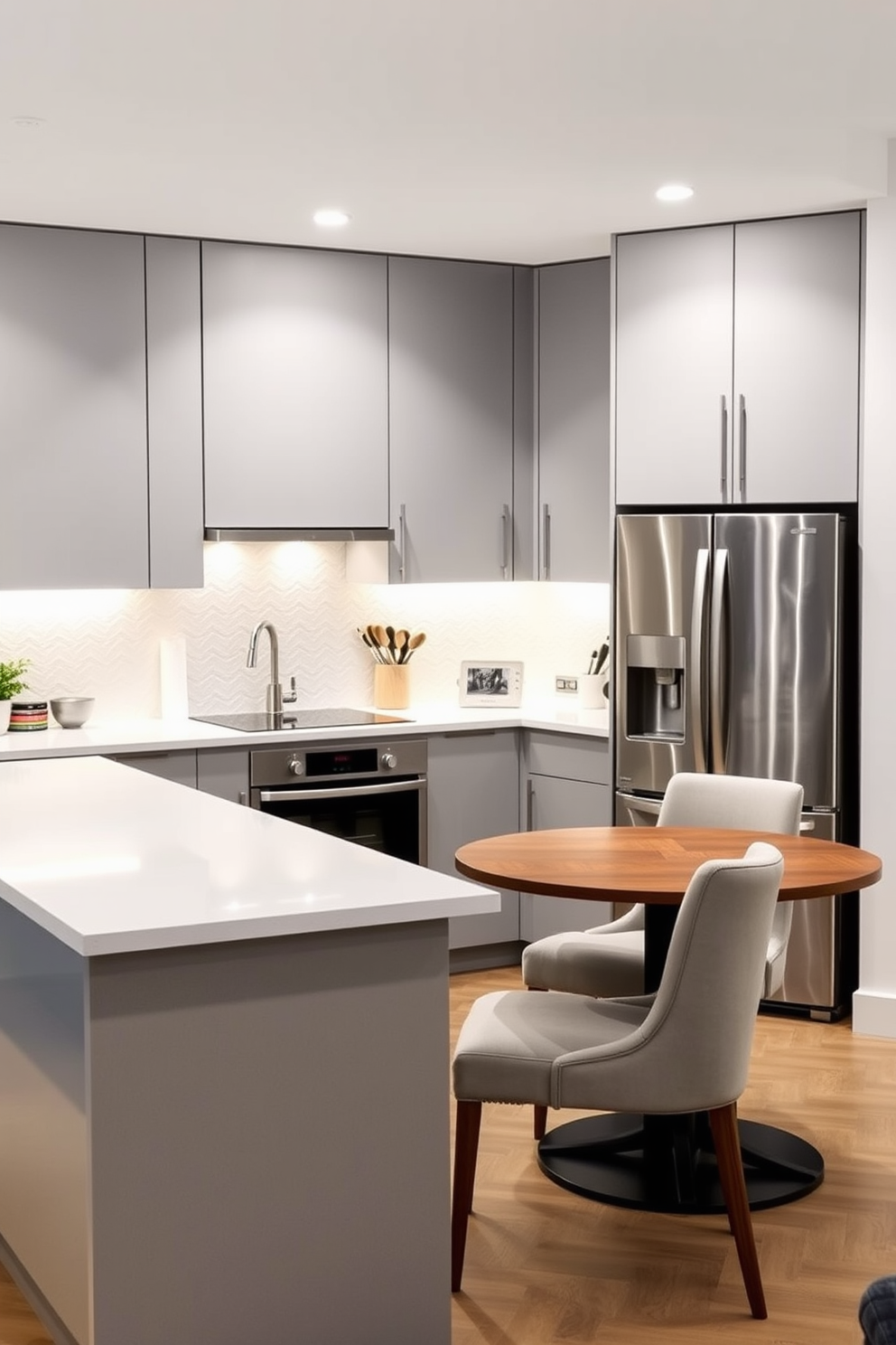 A modern apartment kitchen featuring sleek cabinetry with a glossy finish and a large island in the center. The under-cabinet lighting creates a warm ambiance, highlighting the beautiful backsplash and providing practical illumination for meal preparation.