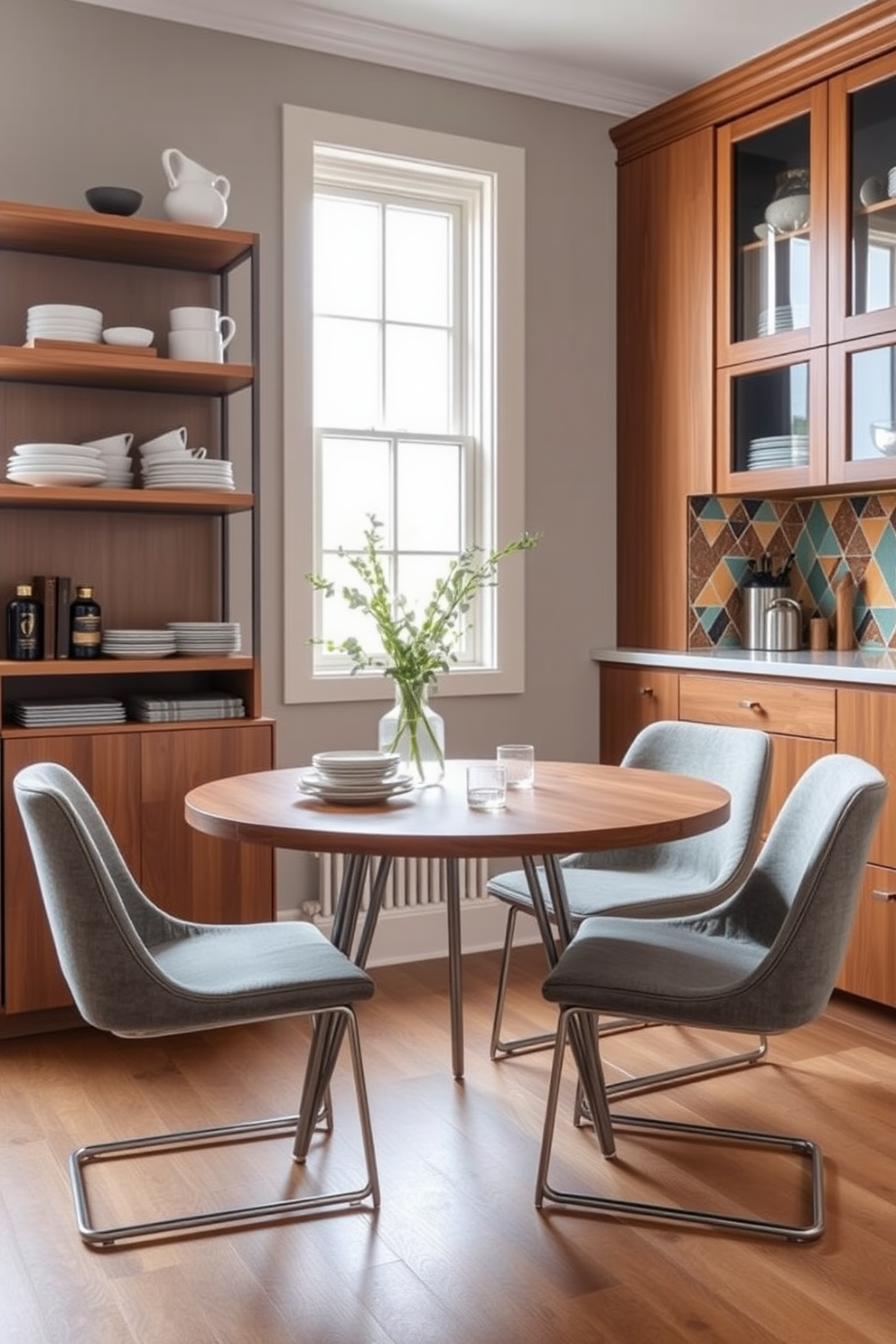 A compact dining table design features a round wooden table with sleek metal legs. Surrounding the table are four upholstered chairs in a soft gray fabric, creating an inviting atmosphere. The kitchen showcases open shelving filled with stylish dishware and a vibrant backsplash in a geometric pattern. Natural light floods the space through a large window, highlighting the warm tones of the cabinetry.