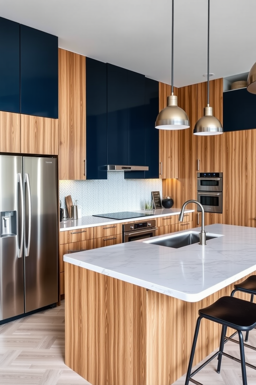 A cozy apartment kitchen featuring a small dining nook for meals. The nook includes a round wooden table surrounded by upholstered chairs, with a pendant light hanging above to create an inviting atmosphere. The kitchen has sleek cabinetry in a soft white finish and a contrasting dark countertop. A window above the sink allows natural light to flood the space, enhancing the warm color palette of the room.