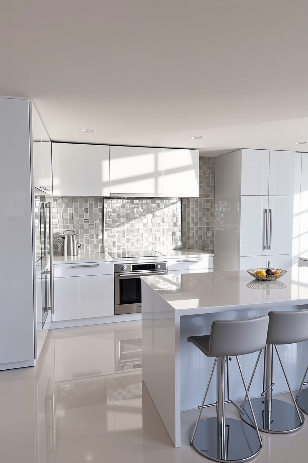 A modern apartment kitchen featuring sleek mirrored surfaces that reflect natural light throughout the space. The cabinets are a glossy white finish, complemented by a large island with a mirrored countertop and stylish bar stools. The backsplash is made of reflective tiles that shimmer when the sunlight hits them. Stainless steel appliances are seamlessly integrated, enhancing the contemporary feel of the kitchen.