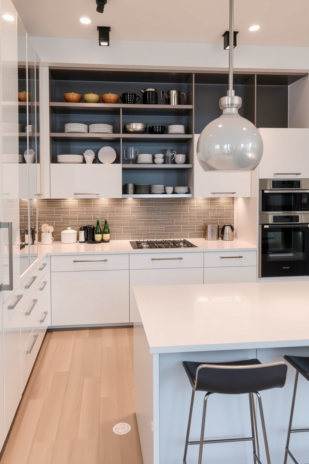 A modern apartment kitchen featuring open shelving for easy access to cookware and dishes. The cabinetry is a sleek white with stainless steel accents, and a large island with bar stools provides additional seating and workspace.