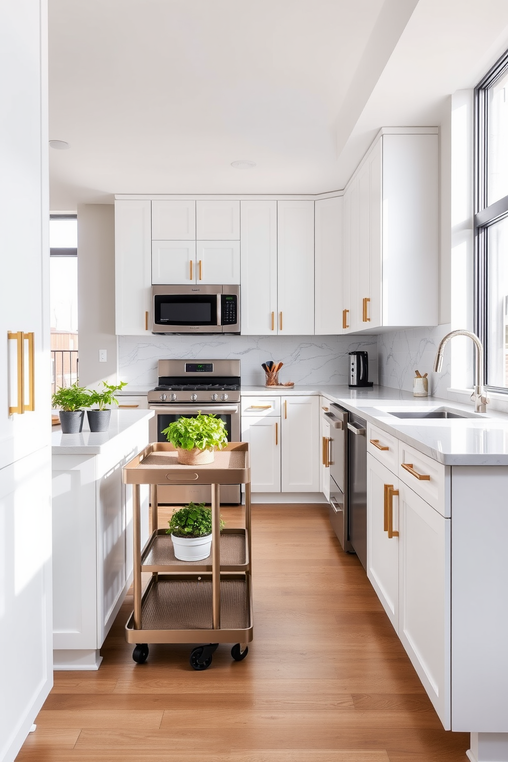 A modern apartment kitchen featuring a sleek rolling cart that adds flexibility to the space. The cabinetry is a crisp white with gold hardware, complemented by a stylish marble backsplash and a spacious island for meal preparation. The kitchen is equipped with stainless steel appliances and ample natural light streaming through large windows. Decorative potted herbs are placed on the countertop, enhancing both aesthetics and functionality.