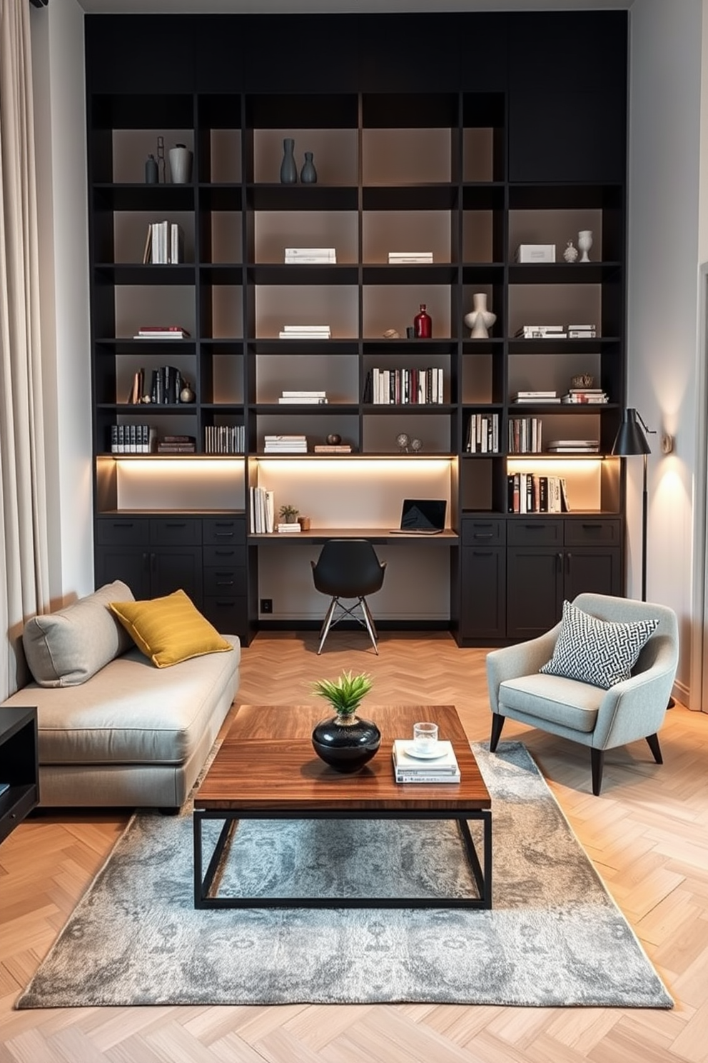 Maximize natural light with sheer curtains in a spacious apartment living room. The walls are painted in soft white, and the flooring is a warm hardwood that complements the cozy atmosphere. In the center, a large sectional sofa in light gray is adorned with colorful throw pillows. A sleek coffee table made of glass and metal sits atop a textured area rug, creating a perfect gathering space. In one corner, a tall indoor plant adds a touch of greenery, while a stylish floor lamp provides additional lighting. A gallery wall featuring framed artwork and photographs adds personality and charm to the room.