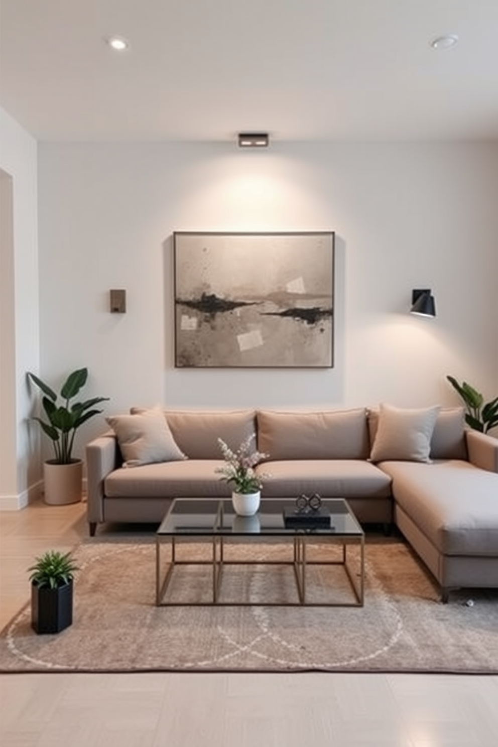 A modern apartment living room featuring a spacious sectional sofa in a soft gray fabric positioned in the center. The walls are painted in a warm beige tone, and a large area rug anchors the seating area, complemented by a sleek coffee table in the middle. Large windows allow natural light to flood the space, adorned with sheer white curtains that softly diffuse the sunlight. A gallery wall with abstract art pieces adds a pop of color, while a few potted plants bring a touch of greenery to the room.