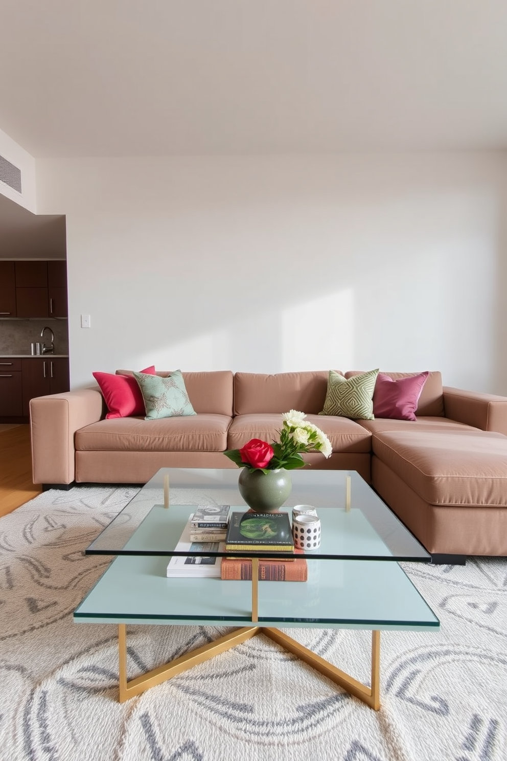 A stylish apartment living room featuring a cozy sectional sofa in a soft gray fabric. The walls are painted in a warm beige tone, and a large area rug with a subtle geometric pattern anchors the space. Incorporate floating shelves on the walls for decorative displays of books and art pieces. A modern coffee table sits at the center, complemented by a pair of sleek side tables beside the sofa.