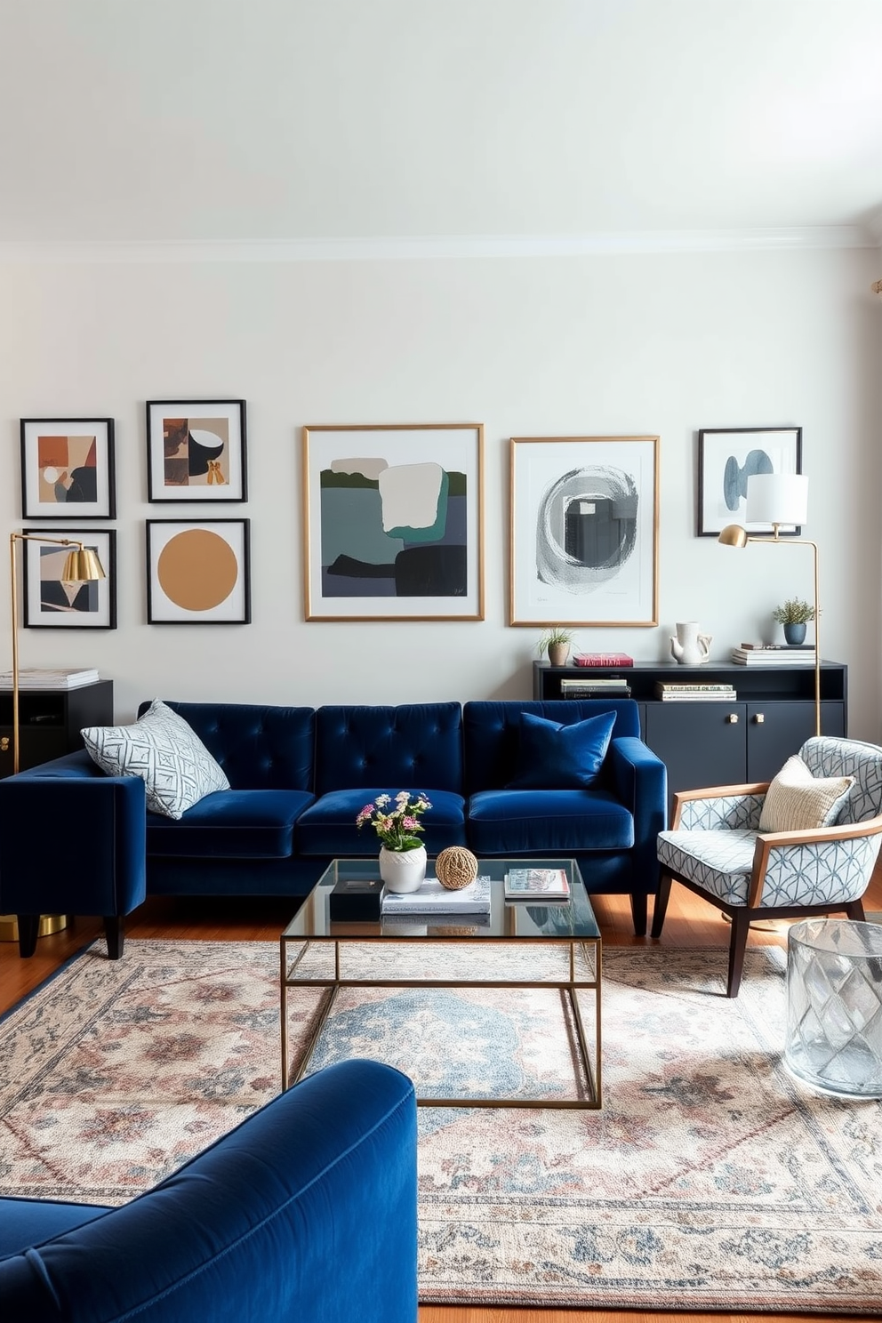 A stylish apartment living room featuring a cozy small desk integrated into the design for a functional workspace. The room is adorned with a plush sofa, a coffee table, and a statement rug that ties the space together, while large windows allow natural light to fill the area.