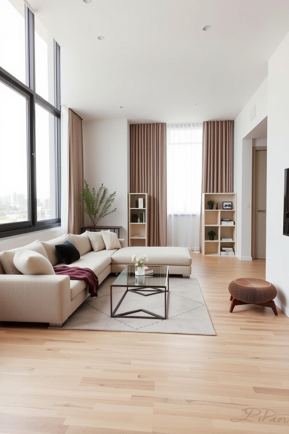 A modern apartment living room featuring floating shelves adorned with decorative items such as books, plants, and art pieces. The seating area includes a plush sofa and a stylish coffee table, creating a cozy and inviting atmosphere.