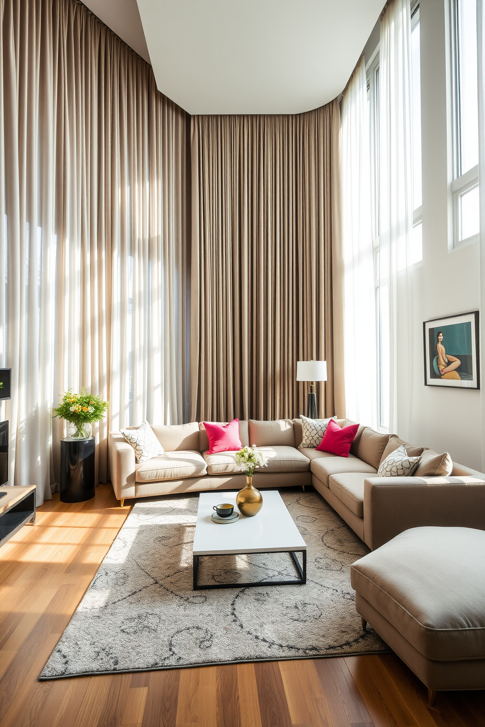 A cozy apartment living room featuring a small round dining table with a light wood finish at its center. Surrounding the table are four upholstered chairs in a soft gray fabric, creating an inviting atmosphere for meals and gatherings. The living area is designed with a plush sectional sofa in a neutral tone, accented by colorful throw pillows. A large window allows natural light to fill the space, complemented by sheer curtains that add a touch of elegance.