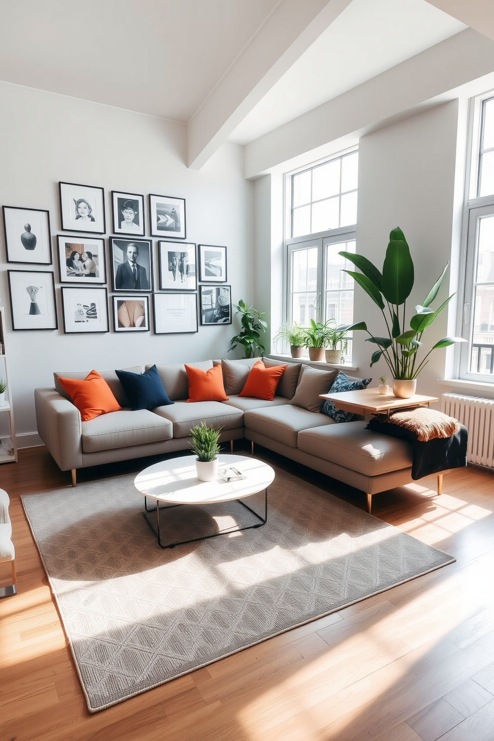 A chic apartment living room featuring a neutral palette with pops of color. The space includes a comfortable sectional sofa in light gray, accented with vibrant throw pillows in shades of teal and mustard yellow. A sleek coffee table made of glass and gold metal sits in the center, surrounded by a plush area rug in soft cream. Large windows allow natural light to flood the room, highlighting the colorful abstract artwork on the walls.