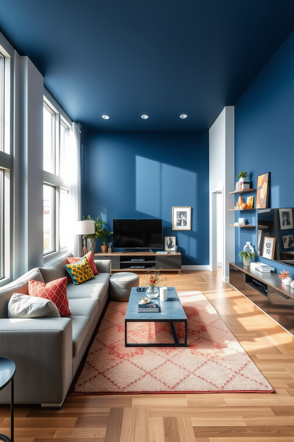 A modern apartment living room featuring a sleek media console made of dark wood that provides ample storage for electronics and decor. The console is positioned against a light gray wall, complemented by a plush sectional sofa in a neutral tone and vibrant throw pillows for a pop of color.