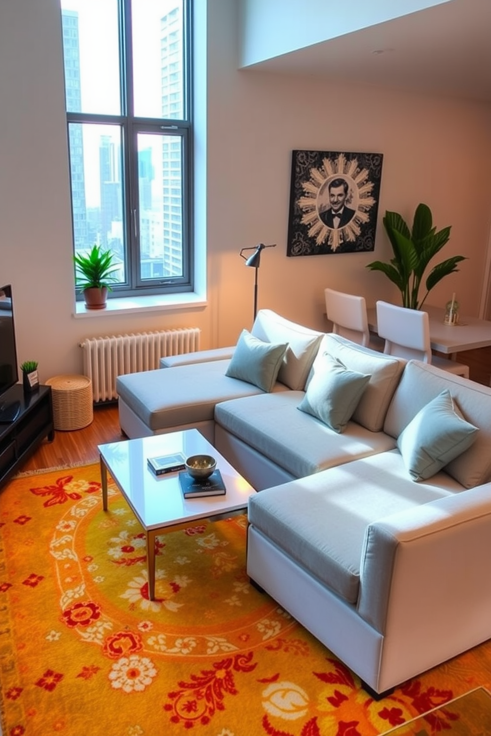 A cozy apartment living room featuring tall bookshelves that reach from floor to ceiling. The shelves are filled with a curated collection of books and decorative items, adding personality and warmth to the space. The seating area includes a plush sectional sofa in a neutral fabric, complemented by colorful throw pillows. A stylish coffee table sits in the center, surrounded by a soft area rug that anchors the space.