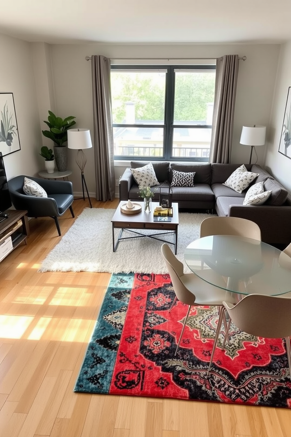 A modern apartment living room featuring a cozy foldable desk that seamlessly integrates into the space. The room is adorned with a plush sectional sofa, a stylish coffee table, and a vibrant area rug that adds warmth and texture. Natural light floods in through large windows, illuminating the neutral-toned walls and creating an inviting atmosphere. Decorative plants and framed artwork enhance the aesthetic, while a sleek bookshelf showcases personal items and books.