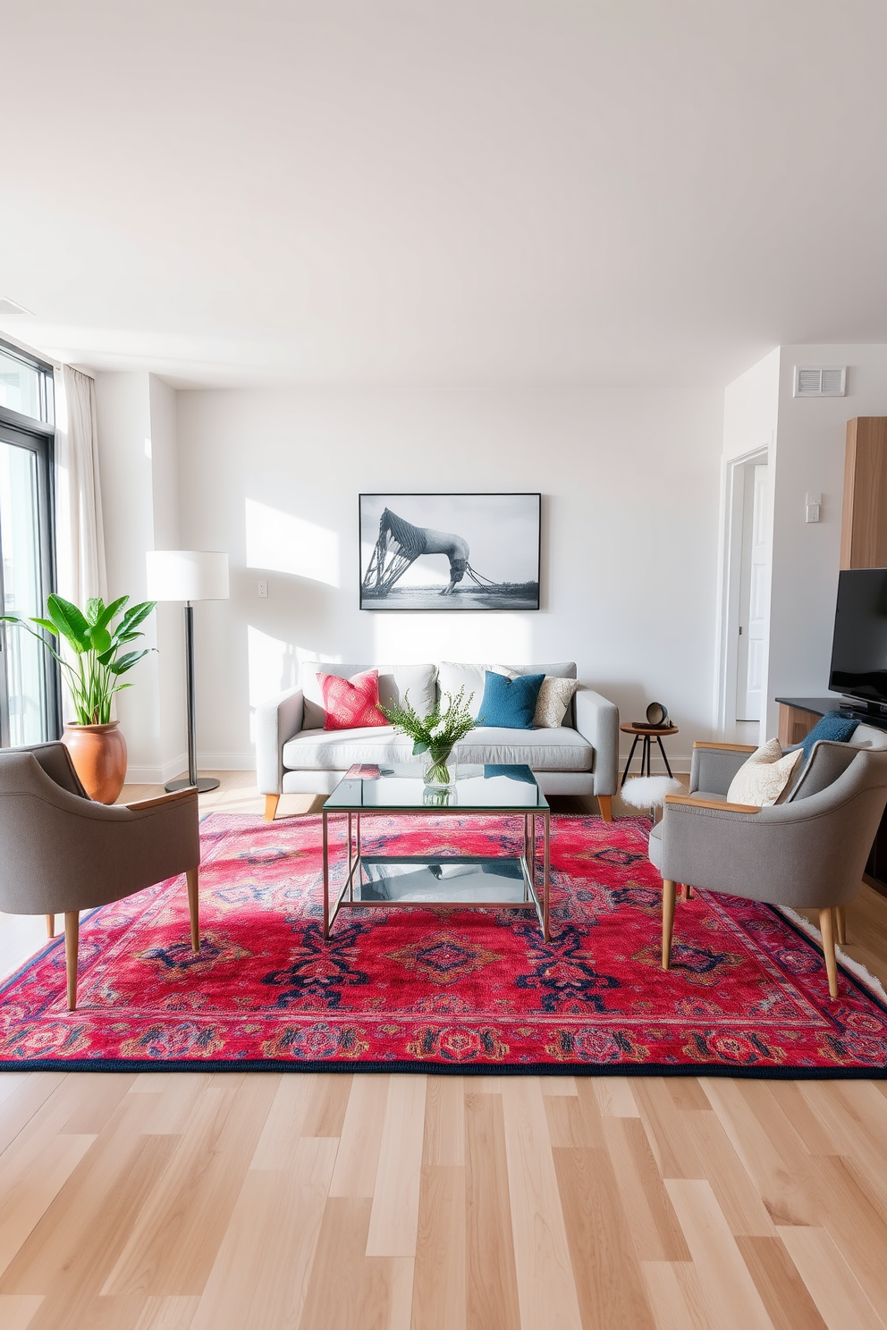 A stylish apartment living room features a modern bar cart positioned near a cozy seating area. The cart is adorned with an assortment of elegant glassware and a selection of premium spirits, creating an inviting space for entertaining guests. The room showcases a blend of contemporary furniture and vibrant decor, with a plush sofa and colorful accent pillows. Large windows allow natural light to flood the space, enhancing the warm atmosphere and highlighting the tasteful design elements.