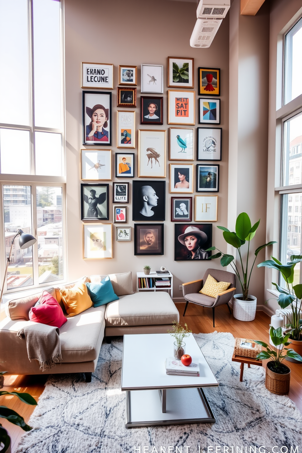 A cozy apartment living room featuring a plush sectional sofa in a neutral tone. Decorative baskets are strategically placed around the room for stylish storage solutions, adding texture and warmth to the space. The walls are painted in a soft beige, complementing the natural wood coffee table at the center. A large area rug with a subtle pattern anchors the seating area, while potted plants bring a touch of greenery indoors.