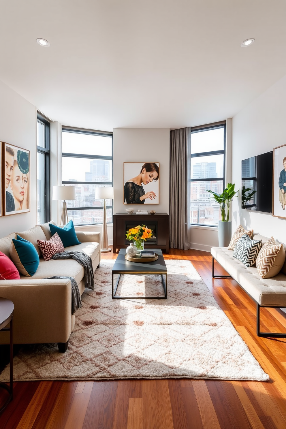 A cozy apartment living room featuring a plush sofa adorned with a soft throw blanket and an array of decorative pillows in various textures. The space is illuminated by natural light streaming through large windows, creating a warm and inviting atmosphere with a neutral color palette and a stylish area rug underfoot.